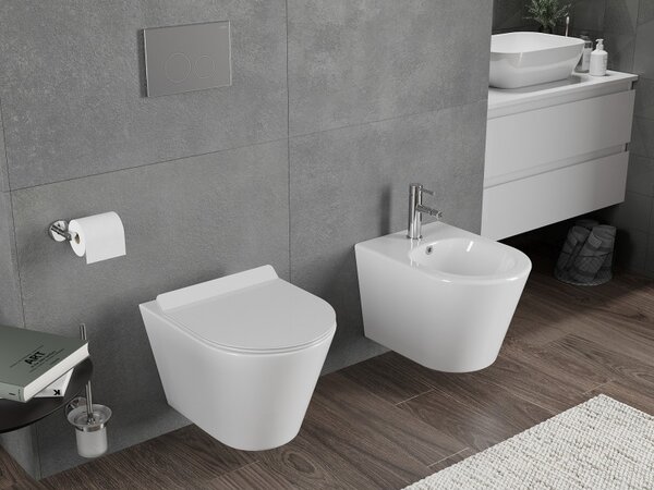 Mexen Rico, vas WC suspendat 490x360x370 mm, Rimless Tornado + scaun WC din duroplast, alb lucios, 30720100T