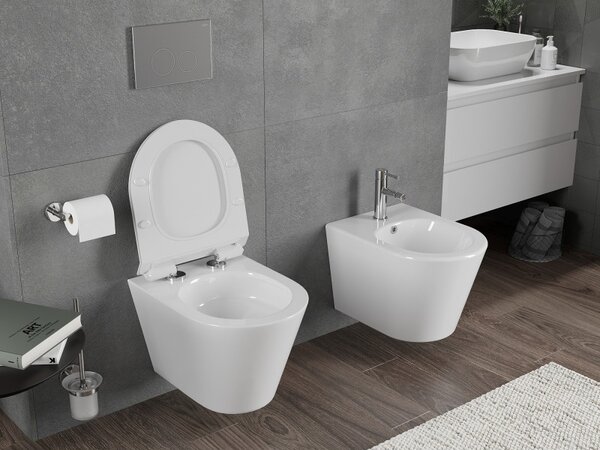 Mexen Rico, vas WC suspendat 490x360x370 mm, Rimless Tornado + scaun WC din duroplast, alb lucios, 30720100T