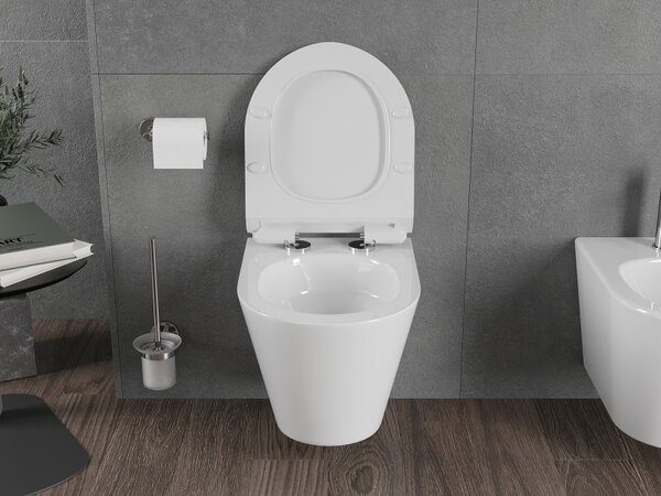 Mexen Rico, vas WC suspendat 490x360x370 mm, Rimless Tornado + scaun WC din duroplast, alb lucios, 30720100T