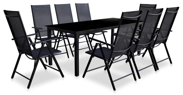 Set mobilier de exterior pliabil, 9 piese, negru, aluminiu