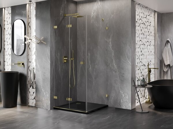 Mexen Lunar-F, cabină de duș pliabilă stânga 70 x 70 cm, sticlă transparentă de 8 mm, profil auriu, 836-070-070-50-00-L