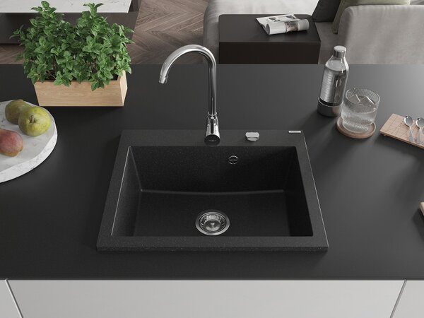Chiuvetă din granit Mexen Eliz cu 1 compartiment, 600 x 500 mm, negru/argintiu metalic, sifon cromat - 6525601005-73