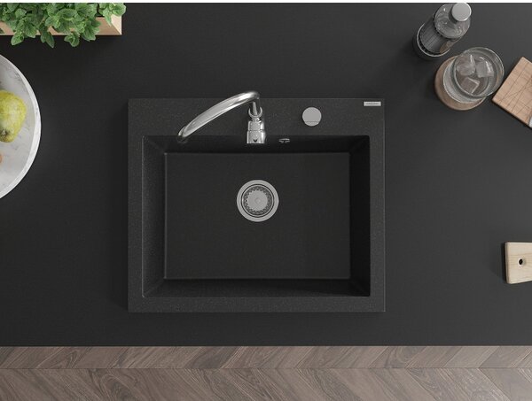 Chiuvetă din granit Mexen Eliz cu 1 compartiment, 600 x 500 mm, negru/argintiu metalic, sifon cromat - 6525601005-73