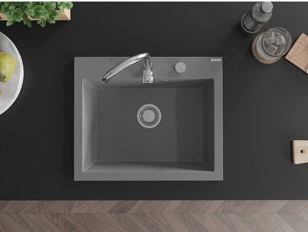 Chiuvetă din granit Mexen Elix cu 1 compartiment 600 x 500 mm, gri, sifon cromat - 6525601005-71