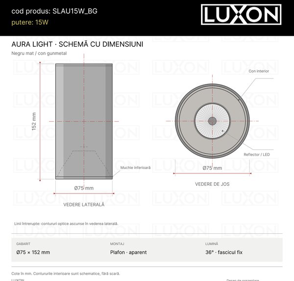 Spot aparent LED cilindric AURA LIGHT negru gunmetal LUXON