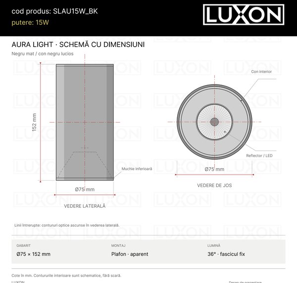 Spot aparent LED cilindric AURA LIGHT negru LUXON