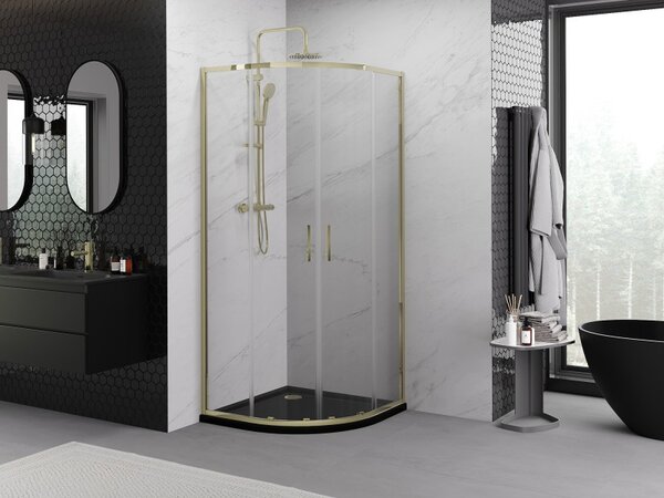 Mexen Exo, cabină de duș semicirculară culisantă 100 x 100 cm, sticlă transparentă, auriu, 8132-100-100-50-00