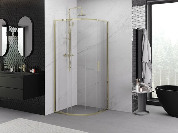 Mexen Exo, cabină de duș semicirculară culisantă 100 x 100 cm, sticlă transparentă, auriu, 8132-100-100-50-00