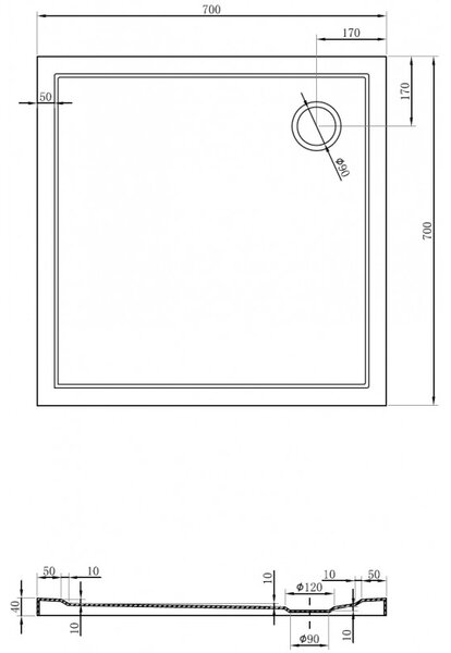 Cădiță de duș pătrată Mexen Flow Slim 70 x 70 cm, alb lucios, 46S107070