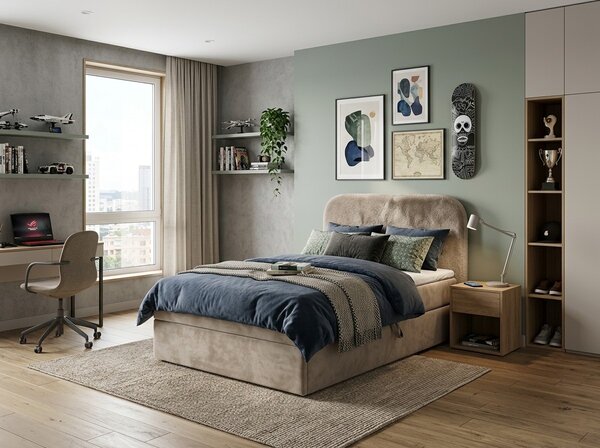 Pat boxspring tapițat FORENA 90x200 cm bej Saltele: Saltea cu arcuri Bonell