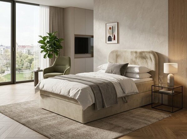 Pat boxspring tapitat FORENA 90x200 cm crem Saltele: Saltea cu arcuri Bonell