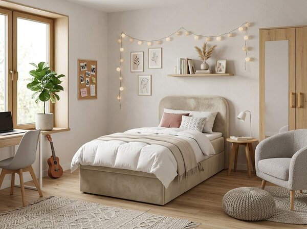 Pat boxspring tapitat FORENA 90x200 cm crem Saltele: Saltea cu arcuri Bonell