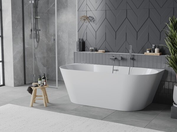 Cadă de baie independentă Mexen Oval Slim, lipită de perete, 170 x 80 cm, alb lucios, preaplin grafit, 52661708000-95