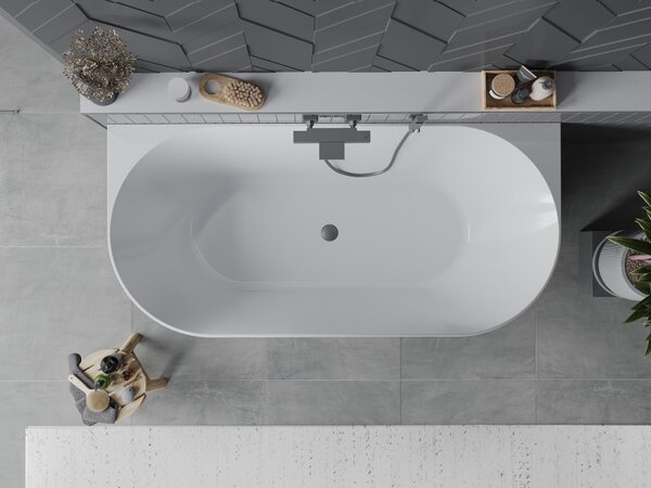 Cadă de baie independentă Mexen Oval Slim, lipită de perete, 170 x 80 cm, alb lucios, preaplin grafit, 52661708000-95