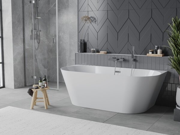 Cadă de baie independentă Mexen Oval Slim, lipită de perete, 170 x 80 cm, alb lucios, preaplin cromat, 52661708000-01