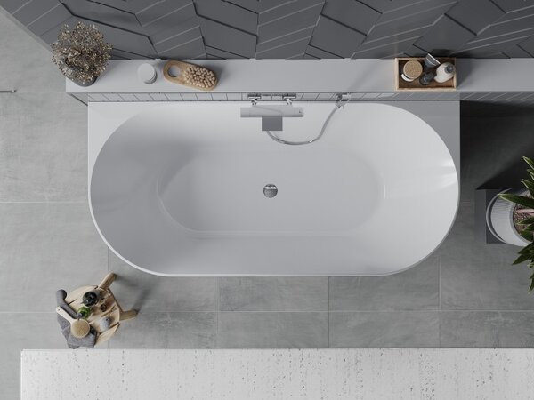 Cadă de baie independentă Mexen Oval Slim, lipită de perete, 170 x 80 cm, alb lucios, preaplin cromat, 52661708000-01