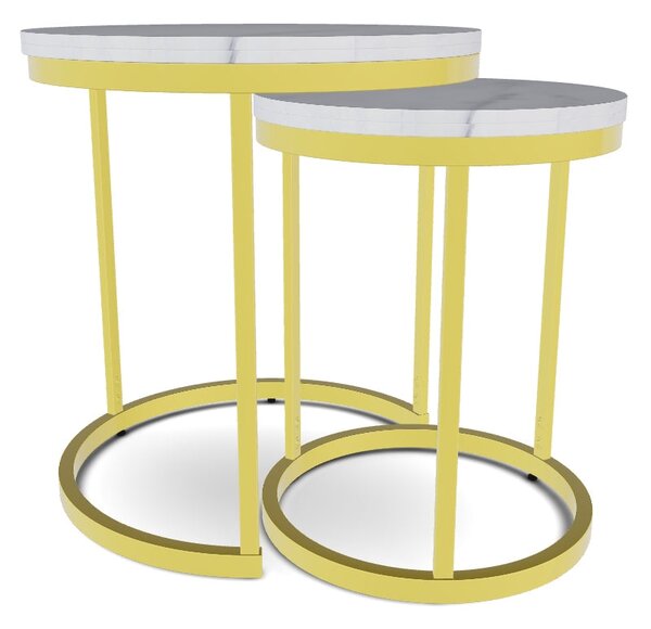 Set 2 masute cafea HOLA, alb cu efect de marmura/auriu, PAL laminat/ot