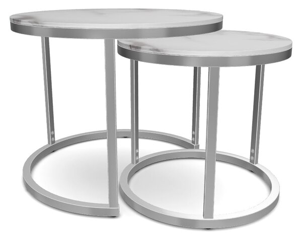 Set 2 masute cafea ATLANTA B II, alb cu efect de marmura/crom, sticla/