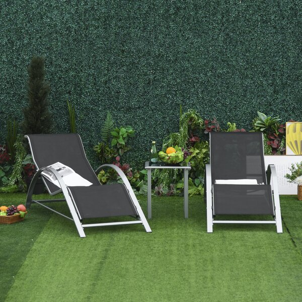Outsunny Set Mobilier de Grădină: 2 Sezlonguri Pliabile și 1 Măsuță cu Raft din Sticla, Negru, Design Modern | Aosom Romania