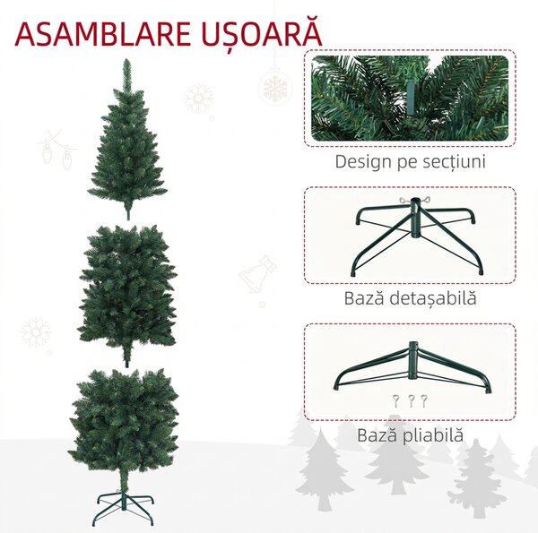 HOMCOM Brad Artificial de Crăciun cu 479 Ramuri, Brad de Crăciun Înalt și Îngust cu Bază Pliabilă, Ø65x180 cm, Verde | Aosom Romania
