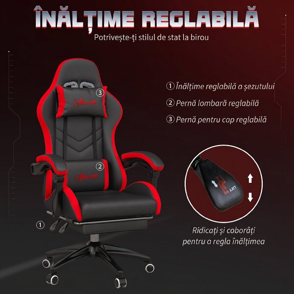 Vinsetto Scaun Gaming cu Înălțime Reglabilă și cu Spătar Rabatabil, 65x65x121-129 cm, Negru | Aosom Romania