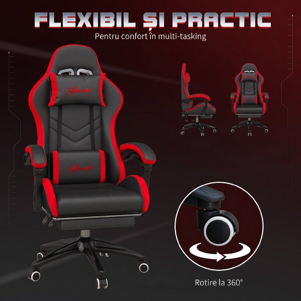 Vinsetto Scaun Gaming cu Înălțime Reglabilă și cu Spătar Rabatabil, 65x65x121-129 cm, Negru | Aosom Romania