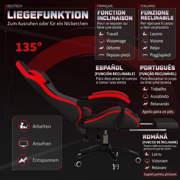 Vinsetto Scaun Gaming cu Înălțime Reglabilă și cu Spătar Rabatabil, 65x65x121-129 cm, Negru | Aosom Romania