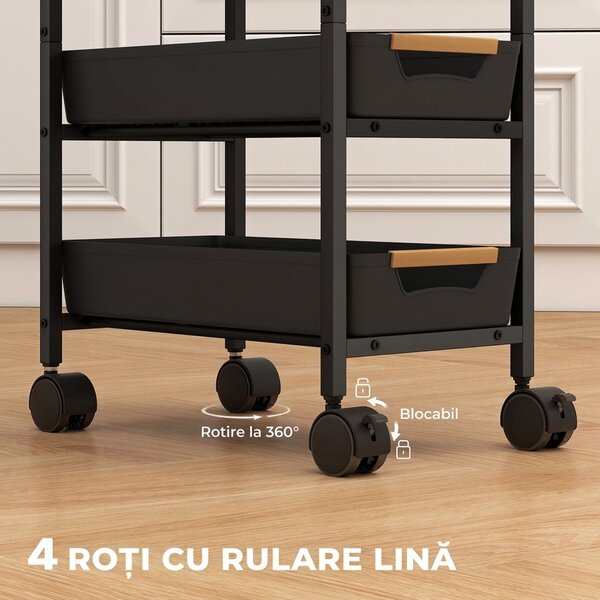 HOMCOM Cărucior de bucătărie cu 5 niveluri și 4 coșuri detașabile, din metal, PP și PAL, 39,5x24x82 cm, negru/stejar | Aosom Romania