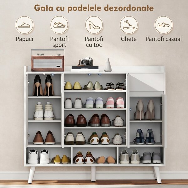 HOMCOM Pantofar Hol cu 4 Uși Push-to-Open, Rafturi Reglabile, MDF și Lemn Pin, 120x35x100 cm, Alb | Aosom Romania