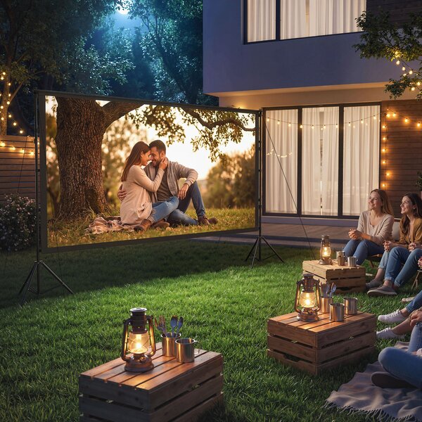 HOMCOM Ecran de Proiecție 120" 4K/8K HD Format 16:9 cu 2 Trepiede Pliabile, Ecran Portabil cu Față Dublă, Unghi Larg de 160°, pentru Cinema Acasă sau Exterior, Alb | Aosom Romania