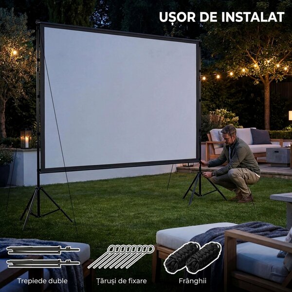 HOMCOM Ecran de Proiecție 120" 4K/8K HD Format 16:9 cu 2 Trepiede Pliabile, Ecran Portabil cu Față Dublă, Unghi Larg de 160°, pentru Cinema Acasă sau Exterior, Alb | Aosom Romania