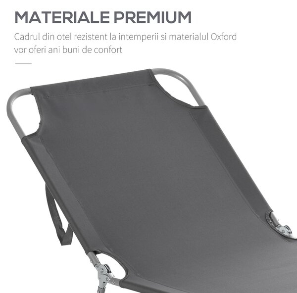 Outsunny Sezlong Pliabil pentru Grădină, Structură Metalică și Țesătură Oxford, Gri | Aosom Romania