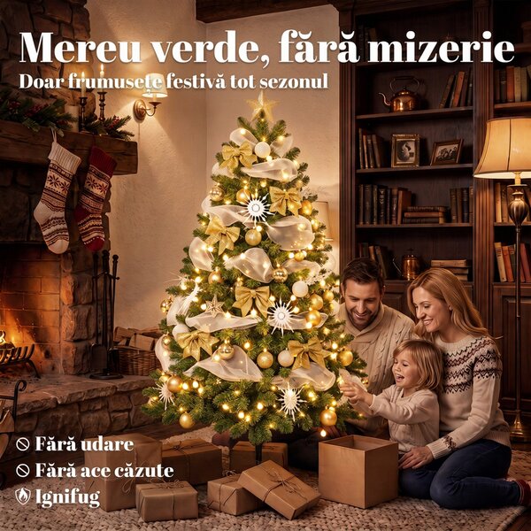 HOMCOM Brad de Crăciun 180 cm cu 200 LED-uri Alb Cald, 8 Moduri, 800 Crenguțe Ignifuge, Globuri, Panglici și Funde | Aosom Romania