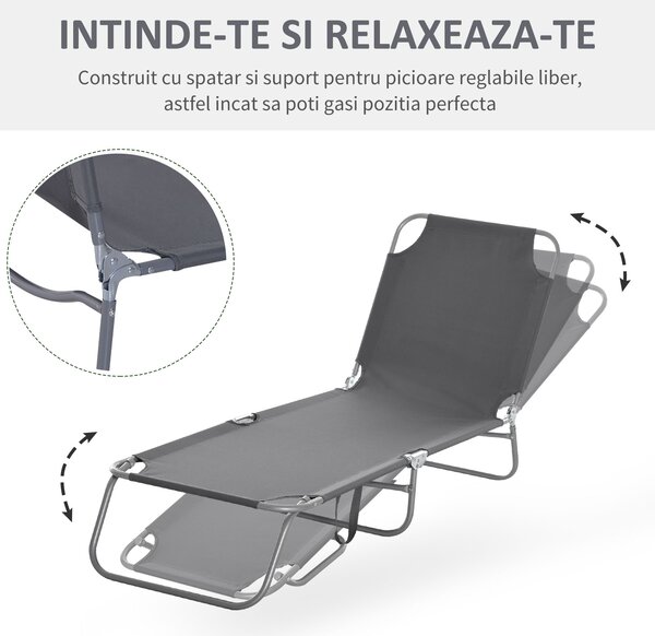Outsunny Sezlong Pliabil pentru Grădină, Structură Metalică și Țesătură Oxford, Gri | Aosom Romania