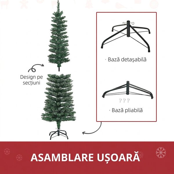 HOMCOM Brad de Crăciun Slim Nins cu 443 de Ramuri, Bază Detașabilă și Pliabilă, Ø48x165 cm, Verde | Aosom Romania
