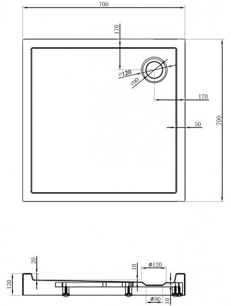 Mexen Flow+, cădiță de duș pătrată 70 x 70 cm, negru mat, 46S7070H