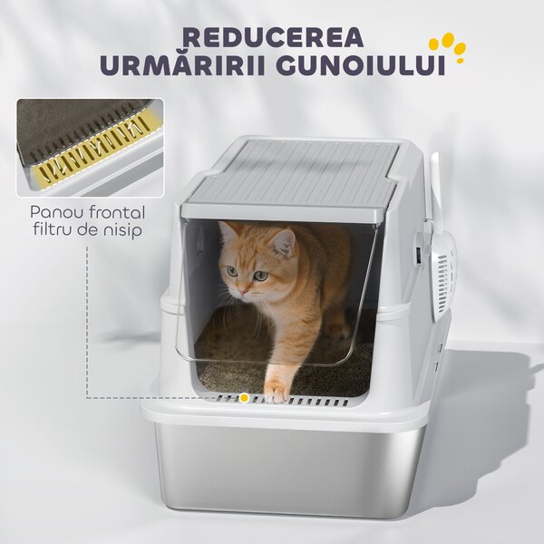 PawHut Extra Large din Oțel Inoxidabil, Litieră pentru Pisici cu Lopățică, Capac Rabatabil | Aosom Romania