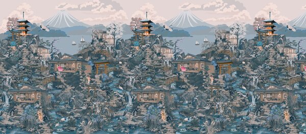 Fototapet Peisaj cu clădiri și un munte, Fototapet grădină japoneză, Fototapet populare, t01062v2 - Tapeko.ro