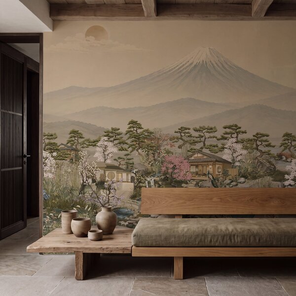 Fototapet Peisaj cu un munte și un sat, Fototapet grădină japoneză, Fototapet populare, t01063 - Tapeko.ro