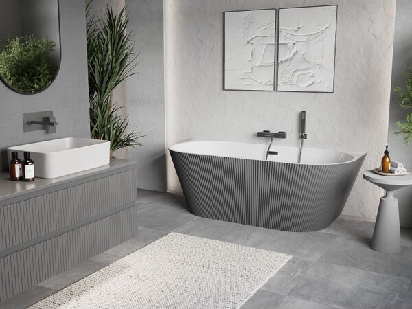 Mexen Oris, cadă de baie independentă cu caneluri 170 x 80 cm, alb-gri, preaplin grafit periat, 52871708062-66