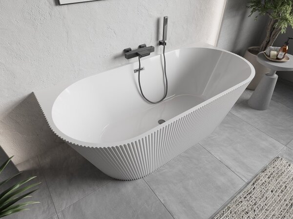 Cadă de baie independentă Mexen Oris cu caneluri 150 x 75 cm, alb lucios, preaplin grafit periat, 52871507500-66