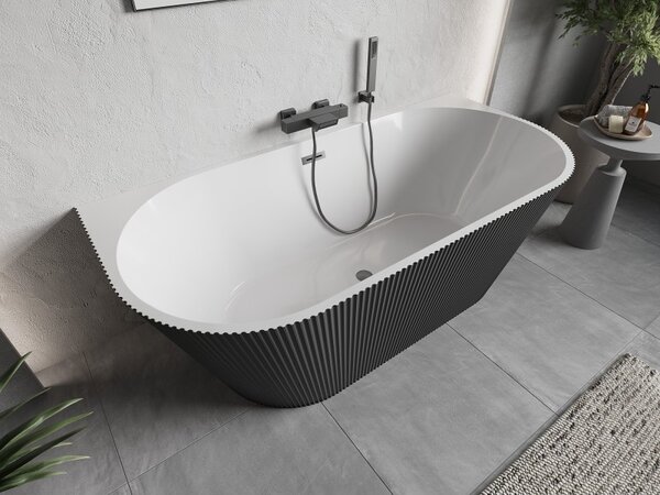 Mexen Oris, cadă de baie independentă cu caneluri 170 x 80 cm, alb-gri, preaplin grafit periat, 52871708062-66