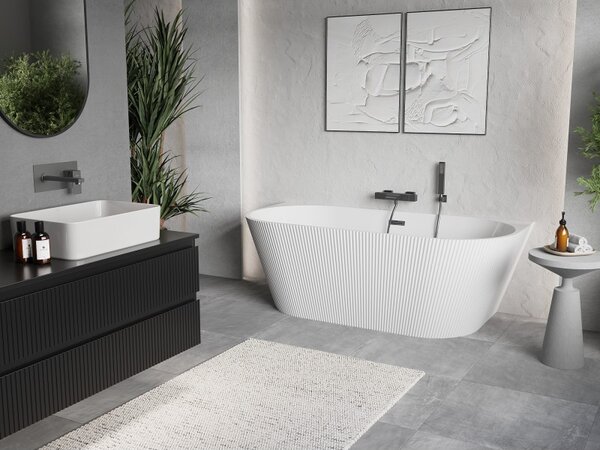 Cadă de baie independentă Mexen Oris cu caneluri 150 x 75 cm, alb lucios, preaplin grafit periat, 52871507500-66