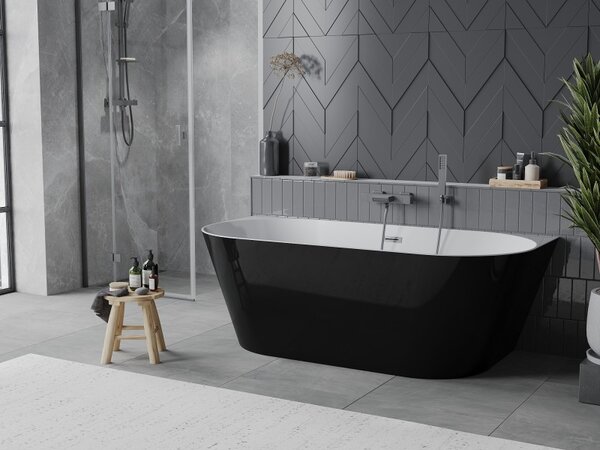 Cadă de baie independentă Mexen Oval Slim, lipită de perete, 170 x 80 cm, alb-negru, preaplin grafit periat, 52661708075-66