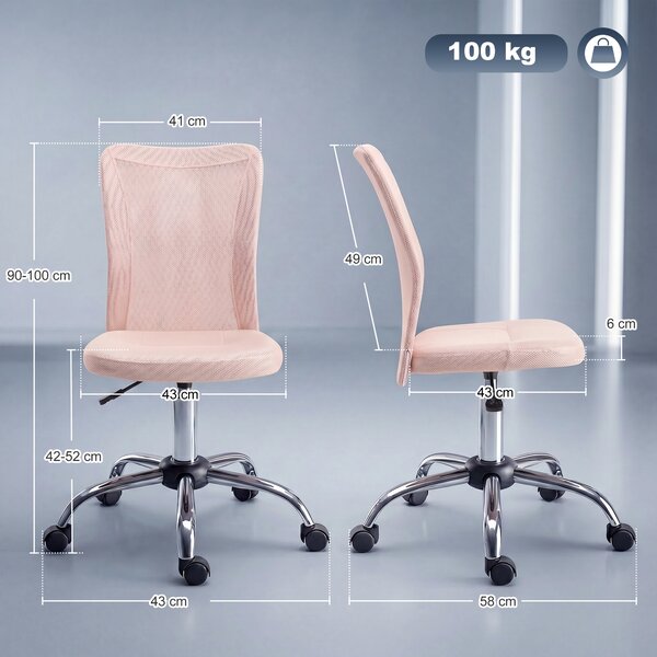 Vinsetto Scaun de Birou Ergonomic, Rotativ, fără Brațe, din Plasă Respirabilă, Înălțime Reglabilă, Roz | Aosom Romania