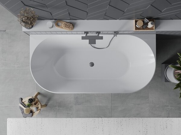 Mexen Oval Slim, cadă de baie independentă lângă perete, 170 x 80 cm, alb-gri, preaplin grafit periat, 52661708062-66