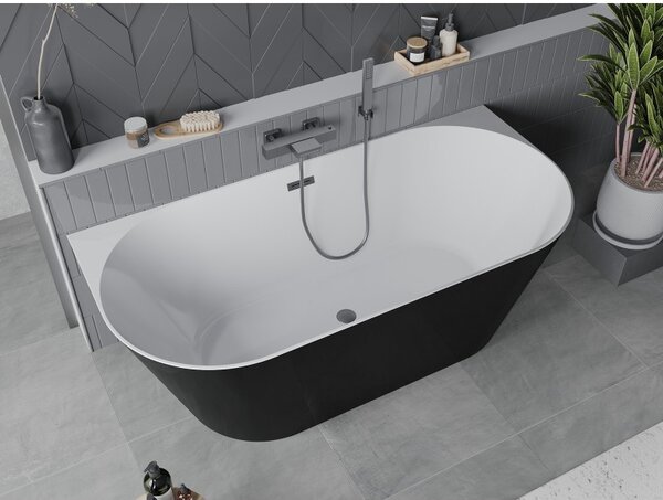 Cadă de baie independentă Mexen Oval Slim, lipită de perete, 170 x 80 cm, alb-negru, preaplin grafit periat, 52661708075-66