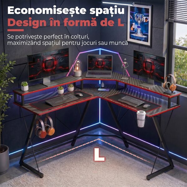 HOMCOM Birou în L cu Prize, 128 cm cu Suport Monitor | Aosom Romania