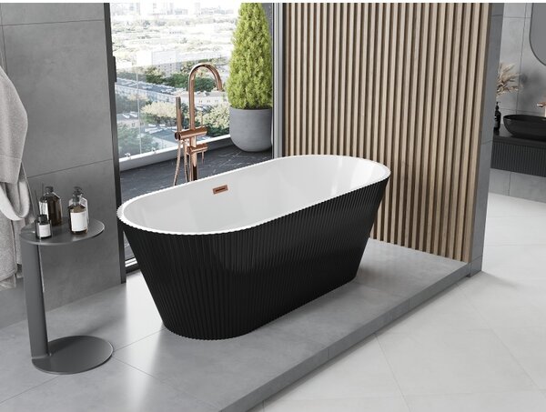 Mexen Yara, cadă de baie independentă cu caneluri 170 x 75 cm, alb-negru, preaplin grafit periat, 52861707575-66