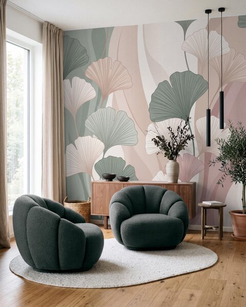 Tapet Frunze de ginkgo în culori pastelate pe un fundal abstract, în nuanțe de verde, crem, bej și roz prăfuit, Fototapet Natură, w10040 : Uwalls.ro